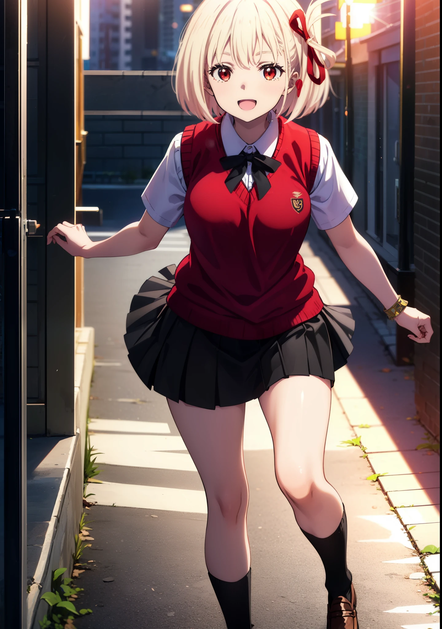 chisatonishikigi, Chisato Nishikigi, short hair, bangs, Blonde, (Red eyes:1.5), hair ribbon, One side up, Bobcut,happy smile, smile, Open your mouth,
white yシャツ, Short sleeve, Pleated skirt, socks, Collared shirt, mini skirt, Black pantyhose, (Black Skirt:1.5), Sweater vest, (red Sweater vest:1.5),Brown loafers,morning,morning陽,The sun is rising，Walking，whole bodyがイラストに入るように,
break outdoors, city,
break looking at viewer, whole body,
break (masterpiece:1.2), highest quality, High resolution, unity 8k wallpaper, (figure:0.8), (Beautiful fine details:1.6), Highly detailed face, Perfect lighting, Highly detailed CG, (Perfect hands, Perfect ???????),