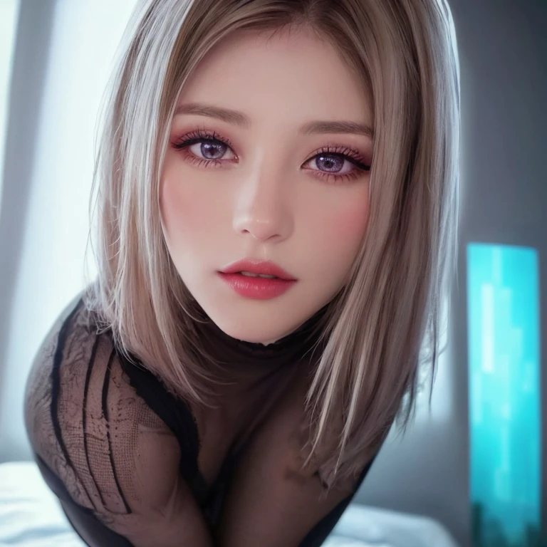 ((Top Quality、16K、​masterpiece:1.3))、a tall and beautiful woman、Perfect Figure:1.4、retro futuristic aesthetic, Gemma Arterton (charming) solo, pale-brown hair (short hairstyle), realistic hair, realistic eyes, pale-white skin (highlighted, realistic shading)、huge bust、Highly detailed facial and skin texture、(A detailed eye, Symmetry Eyes, Clear realistic eyes, Double eyelidd、Cold-stricken face、Symmetrical face), very  realistic skin, goth makeup, Royal sisters full of fans、The Telegraph Esbian、peach buttocks, white women's shirt, alternative skirt, black tights,  squart、(Raw foto:1.2)、((Photorealcitic:1.4))Top Quality、​masterpiece、Real Photography、very delicate and beautiful.、super detailed CG、Unity、8K photo wallpaper、delicate detail、best qualtiy、Highly detailed CG unity 16k wallpaper、absurderes、Incredibly Absurd、huge file size、extremely highly detailed、Hight Resolution、ighly Details、Beautiful detail girl、extremely beautiful eyes and face, cute eyes look、Facial light、cinematic lightings、(Proportional hips, thick thighs, beautiful legs, realistic pantyhose) 1girll、see -through, inside a futuristic bedroom, neon soft lights in the dark room environment (soft magenta, cyan and pale-yellow ambient lights) , dream atmosphere、ulzzang-6500、The Telegraph Esbian, different poses at different angles,