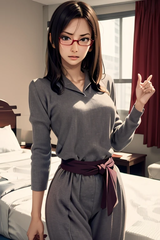 (masterpiece, highest quality), One Girl, Satou, Satou, Glasses, pajamas, Satou, Glasses, 赤いフレームのGlasses, In bed:1.5,Head to waist,Hotel Rooms,pajamas姿,