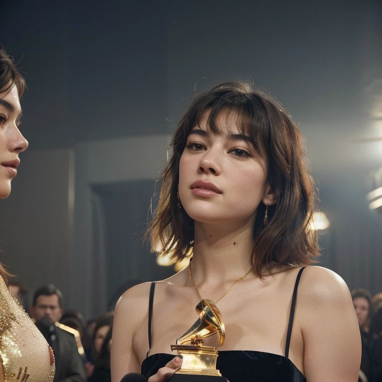 araffe woman in a low-cut black dress holding a golden trophy, mary elizabeth winstead, jacqueline e, exclusive, award winning. cinematic, bottom angle, grammy award winning, dua lipa, award - winning, award-winning, very grainy, song hye - kyo, looking from side, very award - winning, aurora aksnes and zendaya, very sexy dress, plunging neckline, large breasts, nipslip