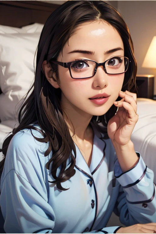 (masterpiece, highest quality), One Girl, Satou, Satou, Glasses, pajamas, Satou, Glasses, 赤いフレームのGlasses, In bed:1.5,Head to waist,Hotel Rooms,pajamas姿,