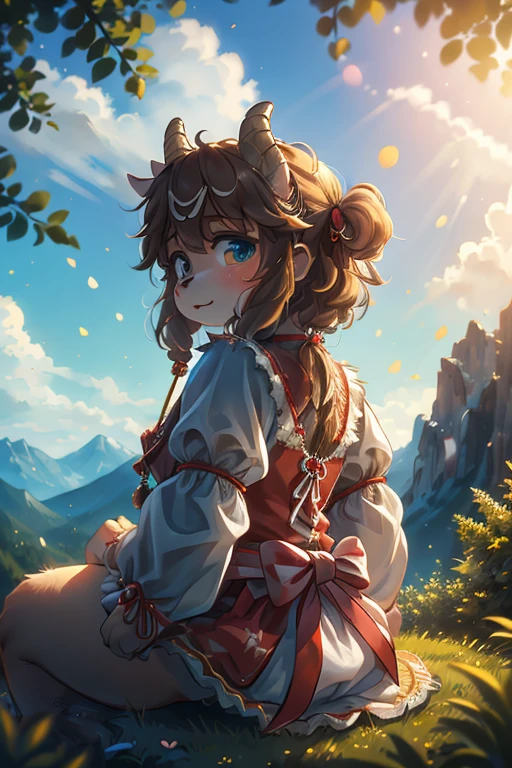 rear Bokeh , hairy goat girl , realistic hairy fur , round face , Swollen cheeks , Hair ties , (Swiss traditional summer costume) , Why can I hear the whistle so far away, Why are those clouds waiting for me,Tell me, Grandpa, in the Mountains in Alm , front view , back shot , side view , Dutch angle