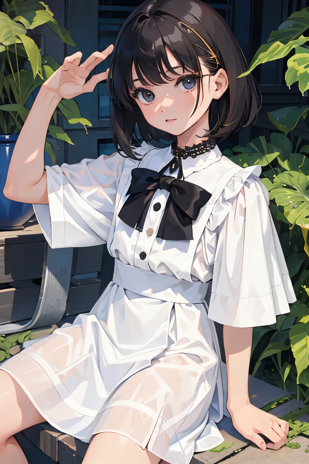 (child),(masterpiece,Highest Quality),Blouse with short sleeves,(Gingham Check Skirt),A dark-haired,Medium bob