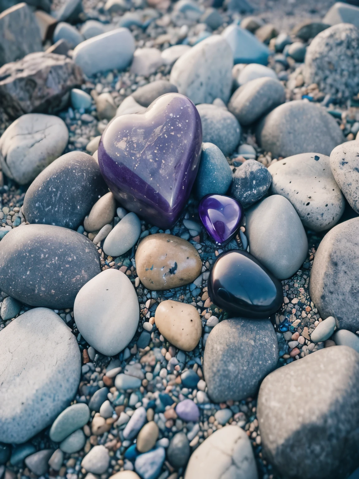 a close up of a pile of rocks with a small bird on top, smooth round rocks, stones, smooth rocks, rocks), rocks, large stones, many small stones, pebbles, stone texture, gravel, grey cobble stones, large rocks, many small and colorful stones, ((rocks)), rock texture, rocks coming out of the ground, rocky ground, one purple heart shaped stone in middle.