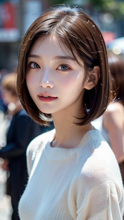 (masterpiece:1.5)、(Realistic:1.5)、(highest quality:1.4、8k、RAW Photos)、 Ultra-high resolution、Professional Lighting、Perfect dynamic composition、Film Grain、chromatic aberration、(Bokeh:1.1)、 Frank、Sophisticated、charm、超Realistic、Attention to detail、Golden Ratio、 (1 girl)、Slender girl、繊細でcharm女の子、Cute Woman:1.4、 Serious expression、Looking at the audience、Light brown hair、Shiny Hair、The hairstyle is a bob cut、 Realistic looking skin、 Shut your mouth.、Beautiful Eyes、double eyelid、Thin arms、White high neck ribbed sweater (((Blur the background F value 1.4)))