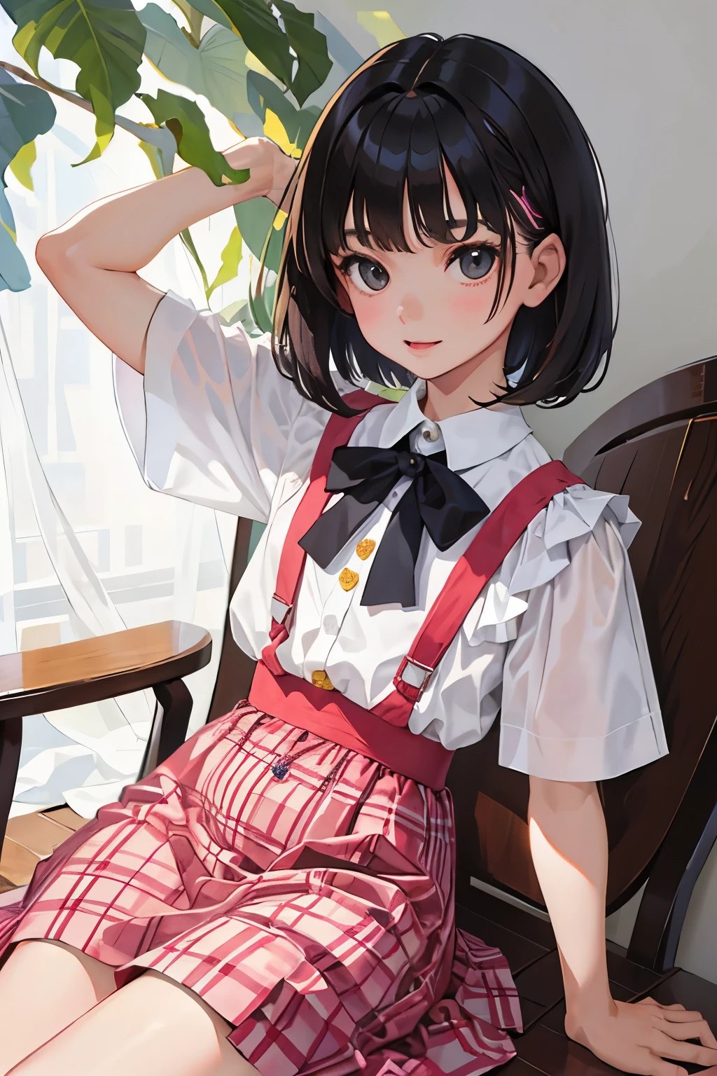 (child),(masterpiece,Highest Quality),Blouse with short sleeves,(Gingham Check Skirt),A dark-haired,Medium bob