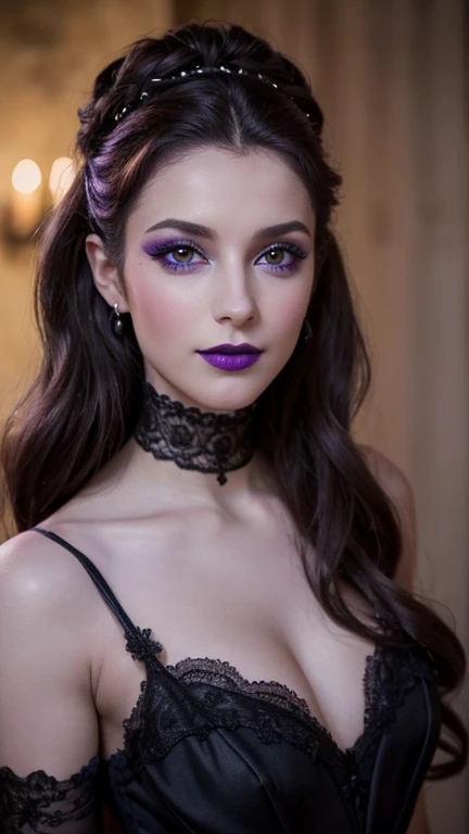Jeune femme de 25 ans, visage fin, cheveux long, yeux marrons, HD, 8K, masterpiece, sourire romantique, sexy, mascara noir, maquillage noir, black lips, tenue gothique, vêtements noirs et violets, toile d'araignée en dentelle, cheveux noirs et violets, dans un manoir, bodypainting, purple paint, dracula, orage