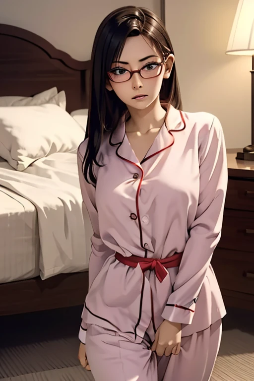 (masterpiece, highest quality), One Girl, Satou, Satou, Glasses, pajamas, Satou, Glasses, 赤いフレームのGlasses, In bed:1.5,Head to waist,Hotel Rooms,pajamas姿,