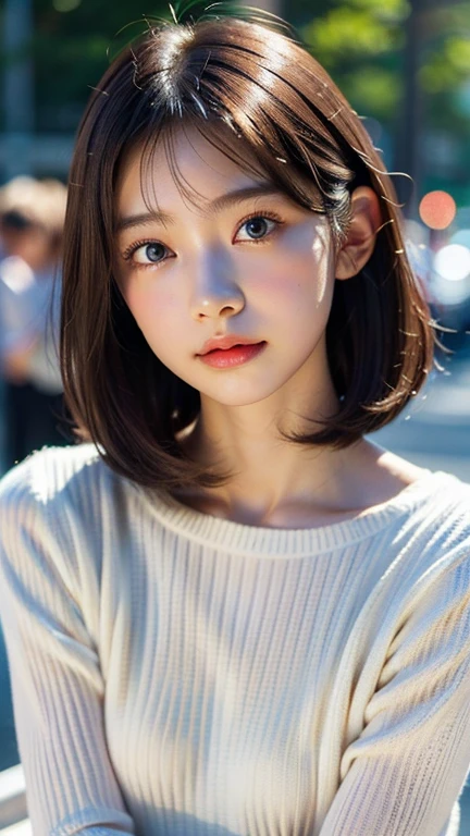 (masterpiece:1.5)、(Realistic:1.5)、(highest quality:1.4、8k、RAW Photos)、 Ultra-high resolution、Professional Lighting、Perfect dynamic composition、Film Grain、chromatic aberration、(Bokeh:1.1)、 Frank、Sophisticated、charm、超Realistic、Attention to detail、Golden Ratio、 (1 girl)、Slender girl、繊細でcharm女の子、Cute Woman:1.4、 Serious expression、Looking at the audience、Light brown hair、Shiny Hair、The hairstyle is a bob cut、 Realistic looking skin、 Shut your mouth.、Beautiful Eyes、double eyelid、Thin arms、White high neck ribbed sweater (((Blur the background F value 1.4)))