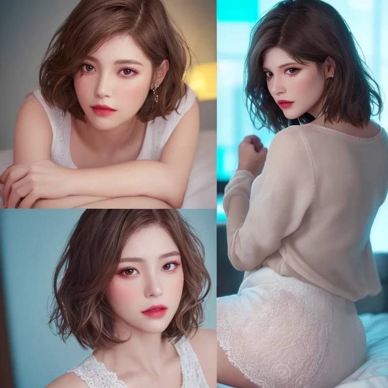 ((Top Quality、16K、masterpiece:1.3))、a tall and beautiful woman、Perfect Figure:1.4、retro futuristic aesthetic, Gemma Arterton (charming) solo, pale-brown hair (short hairstyle), realistic hair, realistic eyes, pale-white skin (highlighted, realistic shading)、huge bust、Highly detailed facial and skin texture、(A detailed eye, Symmetry Eyes, Clear realistic eyes, Double eyelidd、Cold-stricken face、Symmetrical face), very realistic skin, goth makeup, Royal sisters full of fans、The Telegraph Esbian、peach buttocks, white women's shirt, alternative skirt, black tights, squart、(Raw foto:1.2)、((Photorealcitic:1.4))Top Quality、masterpiece、Real Photography、very delicate and beautiful.、super detailed CG、Unity、8K photo wallpaper、delicate detail、best qualtiy、Highly detailed CG unity 16k wallpaper、absurderes、Incredibly Absurd、huge file size、extremely highly detailed、Hight Resolution、ighly Details、Beautiful detail girl、extremely beautiful eyes and face, cute eyes look、Facial light、cinematic lightings、(Proportional hips, thick thighs, beautiful legs, realistic pantyhose) 1girll、see -through, inside a futuristic bedroom, neon soft lights in the dark room environment (soft magenta, cyan and pale-yellow ambient lights) , dream atmosphere、ulzzang-6500、The Telegraph Esbian, different poses at different angles,