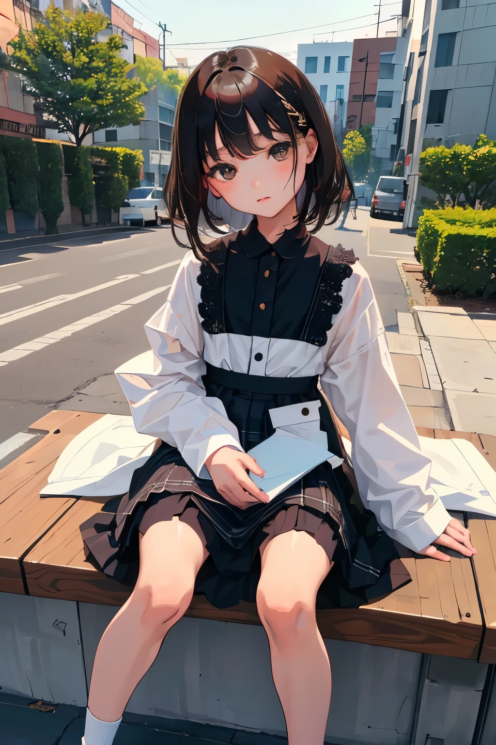 (),highest quality,Beautiful face in every detail,cute,Dark brown eyes,(背の低いcute女の子,Smallg student,Yoicate girl),(masterpiece,Top quality),Black Hair,Sleepy expression,Plaid black skirt