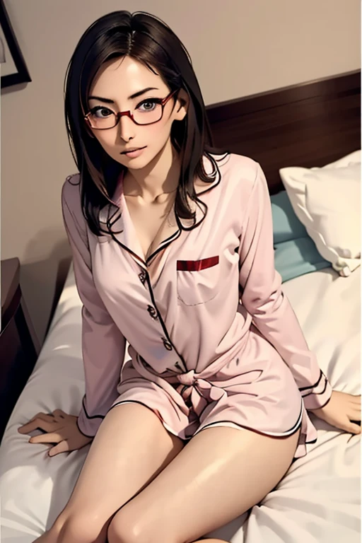 (masterpiece, highest quality), One Girl,  Satou, Satou, Glasses, pajamas, Satou, Glasses, 赤いフレームのGlasses, In bed:1.5,Head to waist,Hotel Rooms,pajamas姿,