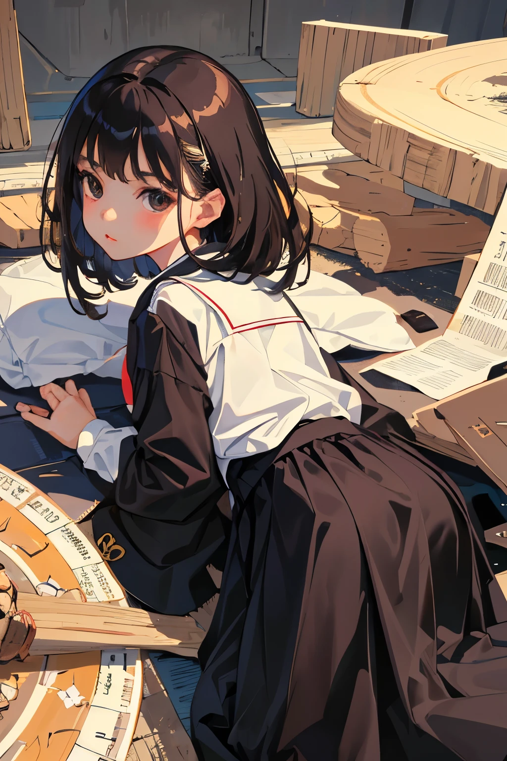 (child),highest quality,Beautiful face in every detail,cute,Dark brown eyes,(背の低いcute女の子,Small young student,Young delicate girl),(masterpiece,Top quality),Black Hair,Sleepy expression,Plaid black skirt