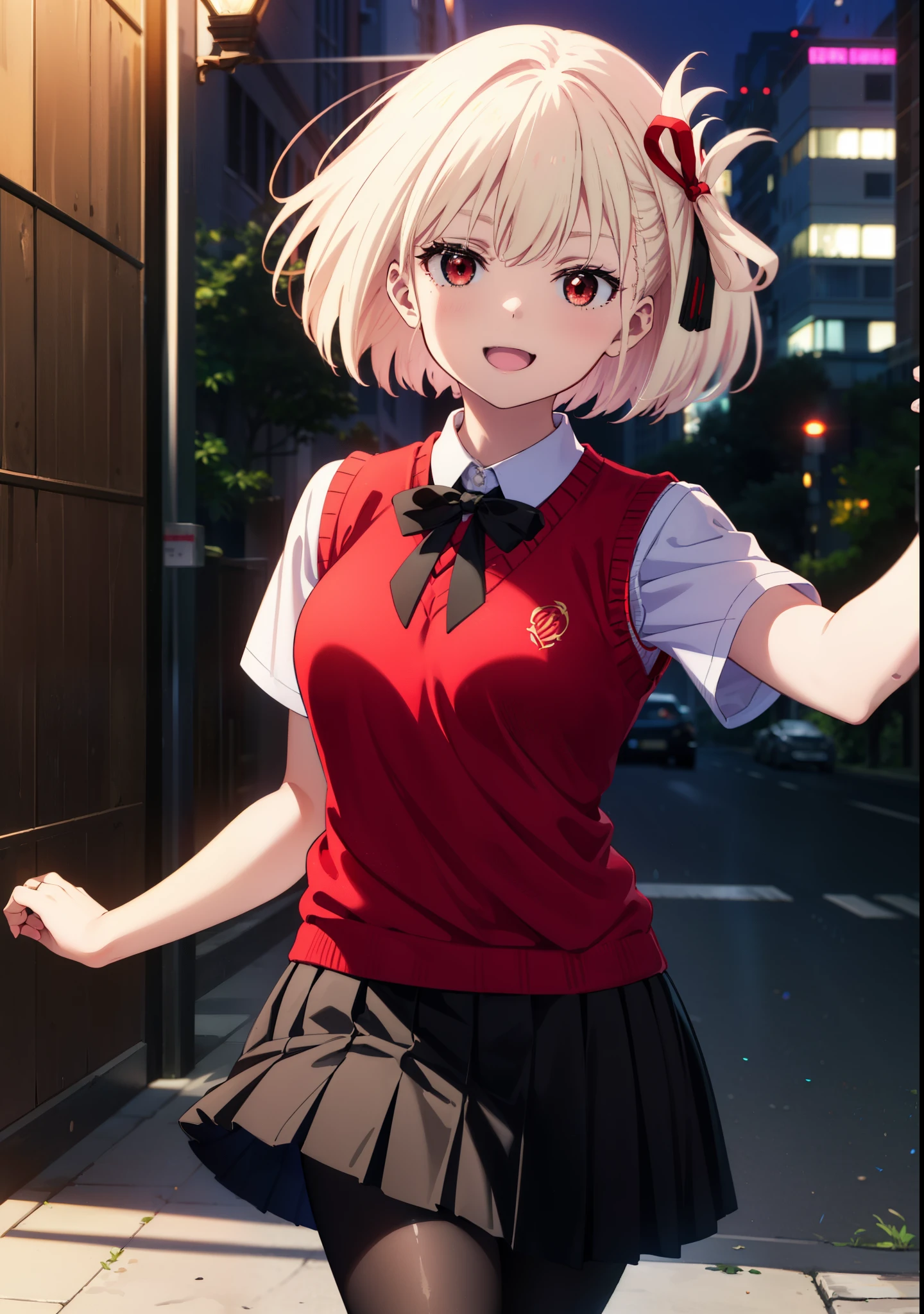chisatonishikigi, Chisato Nishikigi, short hair, bangs, Blonde, (Red eyes:1.5), hair ribbon, One side up, Bobcut,happy smile, smile, Open your mouth,
white yシャツ, Short sleeve, Pleated skirt, socks, Collared shirt, mini skirt, Black pantyhose, (Black Skirt:1.5), Sweater vest, (red Sweater vest:1.5),Brown loafers,morning,morning陽,The sun is rising,Walking,whole bodyがイラストに入るように,
break outdoors, city,
break looking at viewer, whole body,
break (masterpiece:1.2), highest quality, High resolution, unity 8k wallpaper, (figure:0.8), (Beautiful fine details:1.6), Highly detailed face, Perfect lighting, Highly detailed CG, (Perfect hands, Perfect Anatomy),