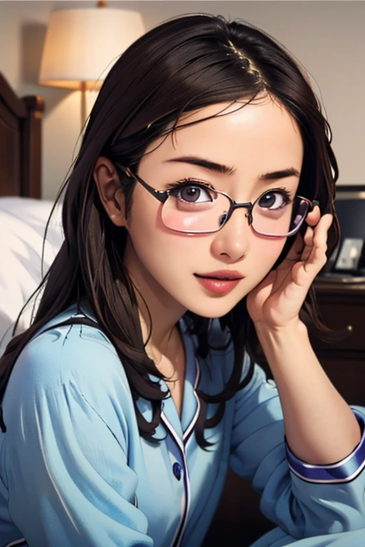 (masterpiece, highest quality), One Girl,  Satou, Satou, Glasses, pajamas, Satou, Glasses, 赤いフレームのGlasses, In bed:1.5,Head to waist,Hotel Rooms,pajamas姿,