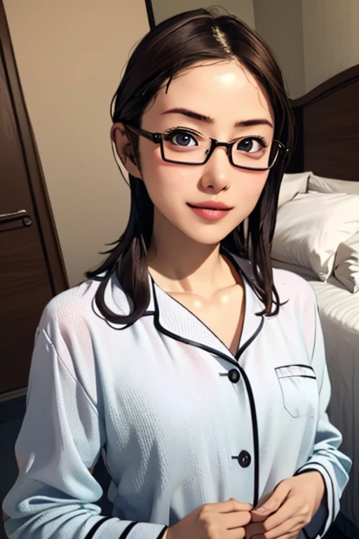 (masterpiece, highest quality), One Girl,  Satou, Satou, Glasses, pajamas, Satou, Glasses, 赤いフレームのGlasses, In bed:1.5,Head to waist,Hotel Rooms,pajamas姿,