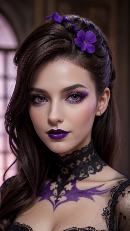 Jeune femme de 25 ans, visage fin, cheveux long, yeux marrons, HD, 8K, masterpiece, sourire romantique, sexy, mascara noir, maquillage noir, black lips, tenue gothique, vêtements noirs et violets, toile d'araignée en dentelle, cheveux noirs et violets, dans un manoir, bodypainting, purple paint, dracula, orage, moon light