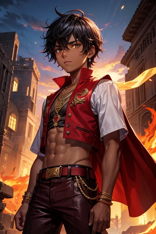 Miguel Rivera, 15-year-old boy with dark skin, black hair, short and messy hair, brown eyes, djinn clothing, open red sleeveless vest, red vest with white Arabic print, light red Arabic pants, golden belt, djinn bracelet with gems of red ruby, brown boots, phosphorescent red tattoos, surrounded by fire and red smoke on a background of Arab ruins.