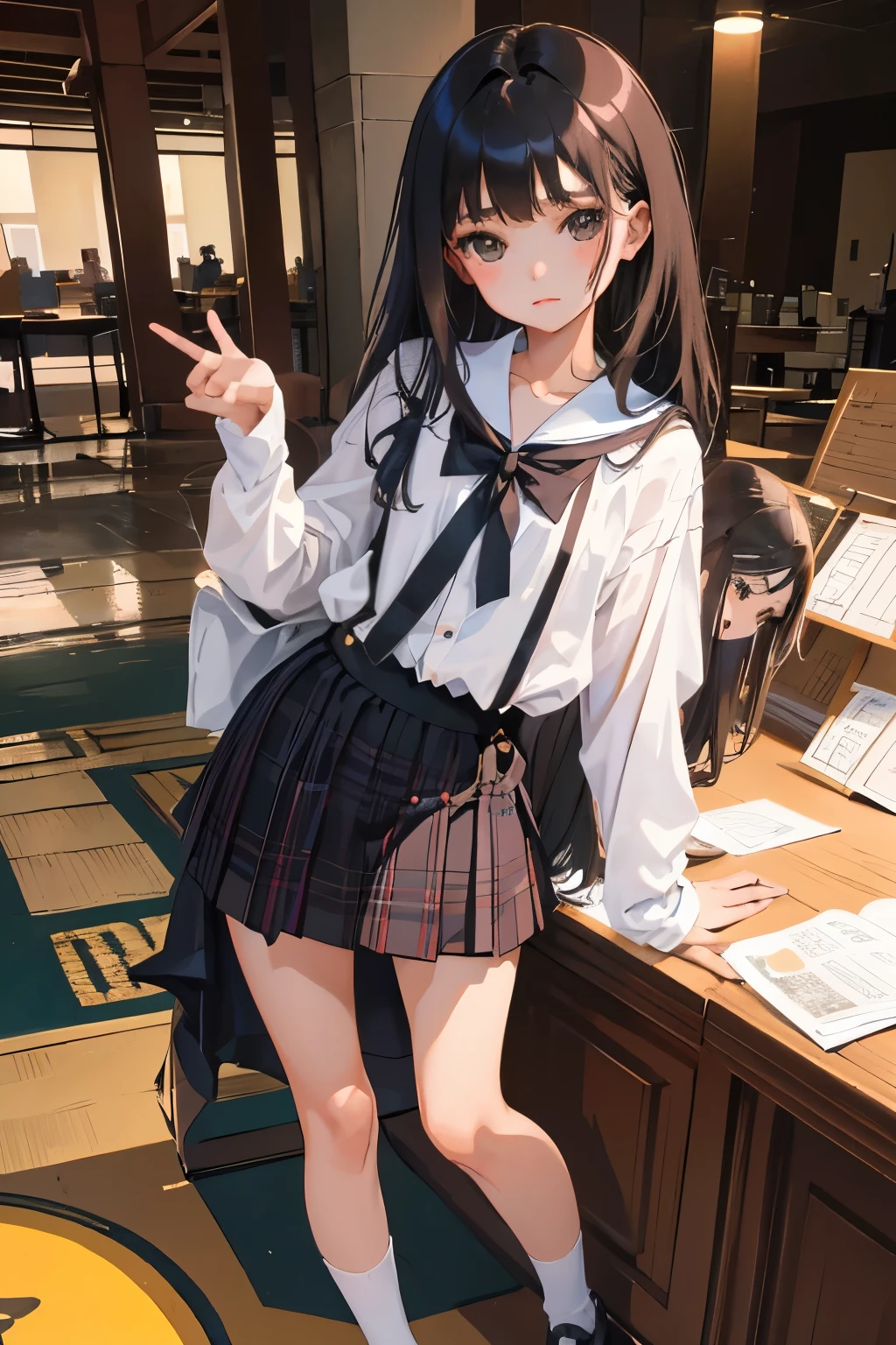 (),highest quality,Beautiful face in every detail,cute,Dark brown eyes,(背の低いcute女の子,Smallg student,Yoicate girl),(masterpiece,Top quality),Black Hair,Sleepy expression,Plaid black skirt