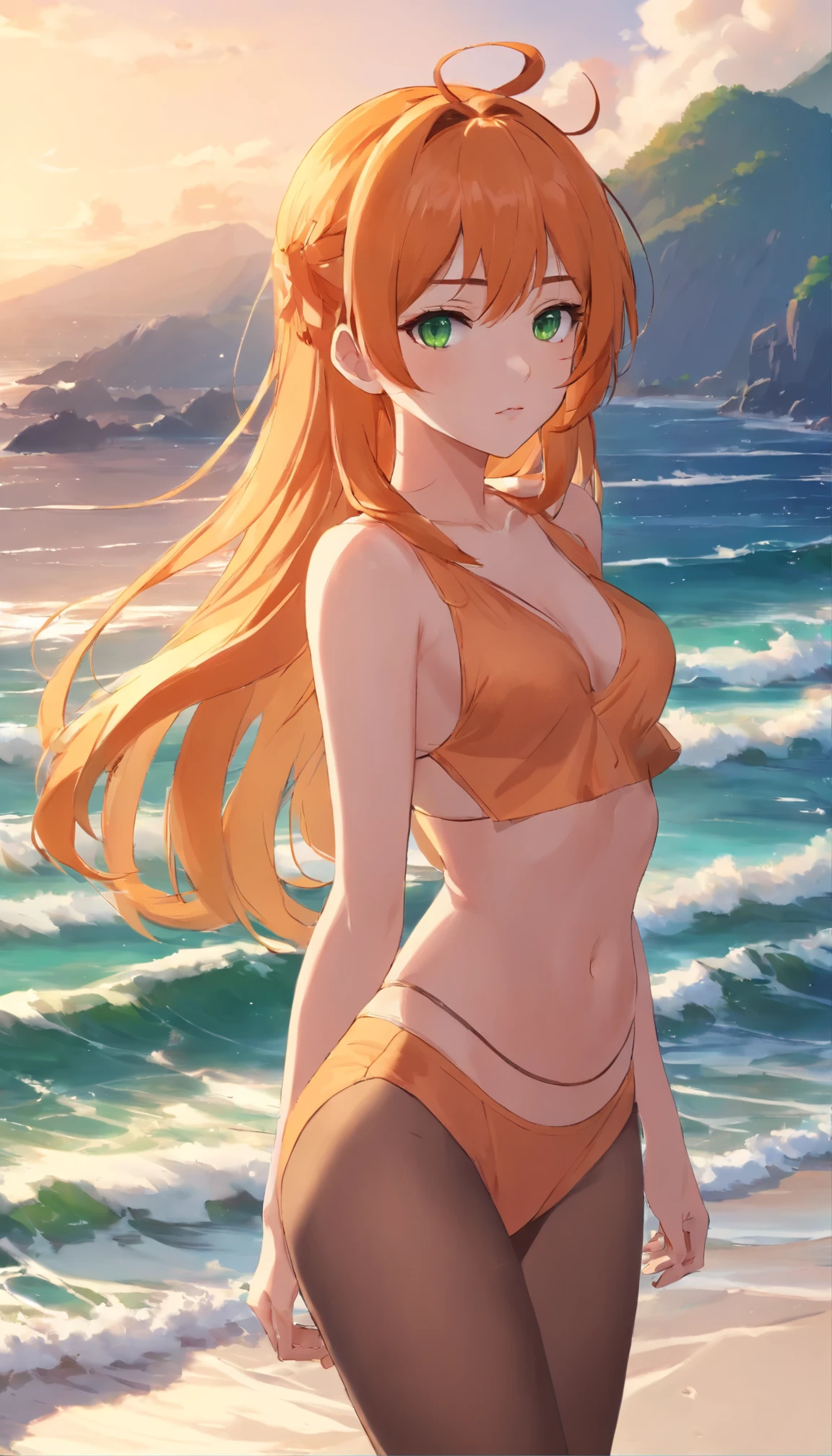 anime girl with long orange hair standing on beach near ocean, green eyes detailed digital anime art, cat ears, , anime girl with long hair, smooth anime cg art, anime girl with long hair, average breast size, digital anime art, artwork in the style of guweiz, beautiful anime portrait, photorealistic anime girl render, beautiful anime girl, advanced digital anime art, pantyhose, guweiz on artstation pixiv upscale HD UHD HQ