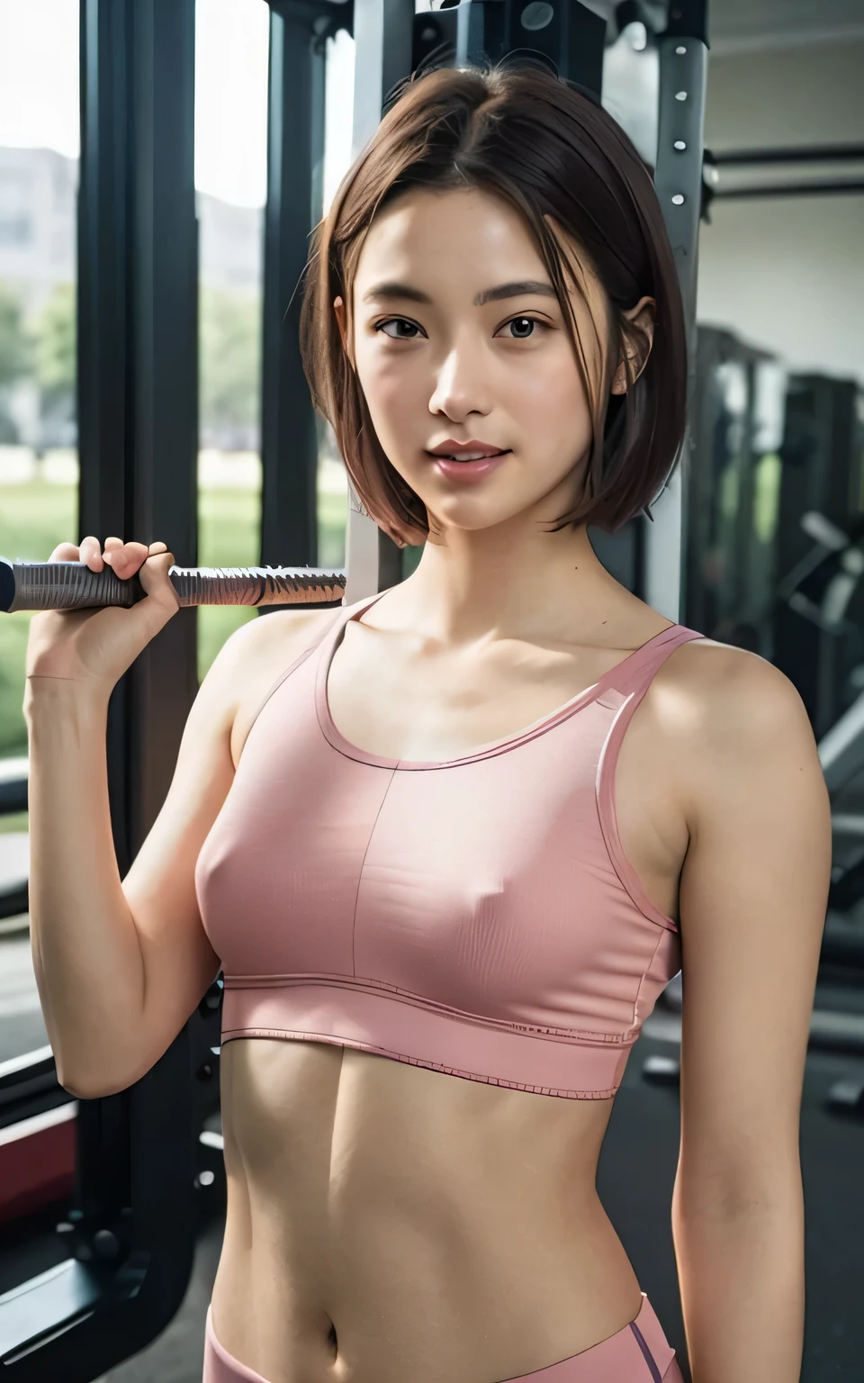 Highly detailed CG Unity 8k wallpaper, of the highest quality, masutepiece, Realistic, photographrealistic, Highly detailed beautiful woman, ((Bery short hair)), cleavage , (get sweaty) , Round eyes, Realistic female hands, viewer,  blush, Smile, ((Tall pretty woman)), ((Vertical navel)), full body photographed ,  Tank top , sports wear, ((Muscle training)), squatt, (((Thin sportswear))), sports gym,(no bra:1.3),(camel toe:1.1),