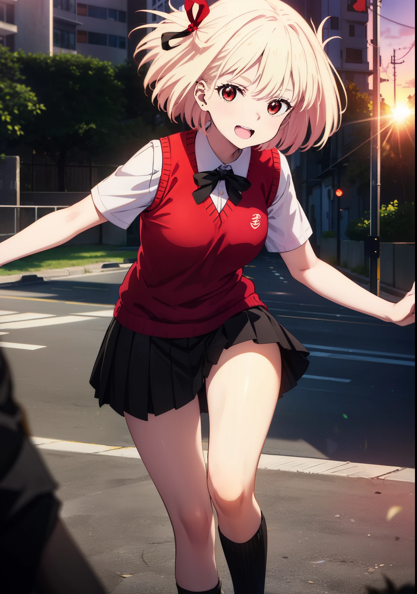 Anime girl in a red shirt and black skirt crossing a street - SeaArt AI
