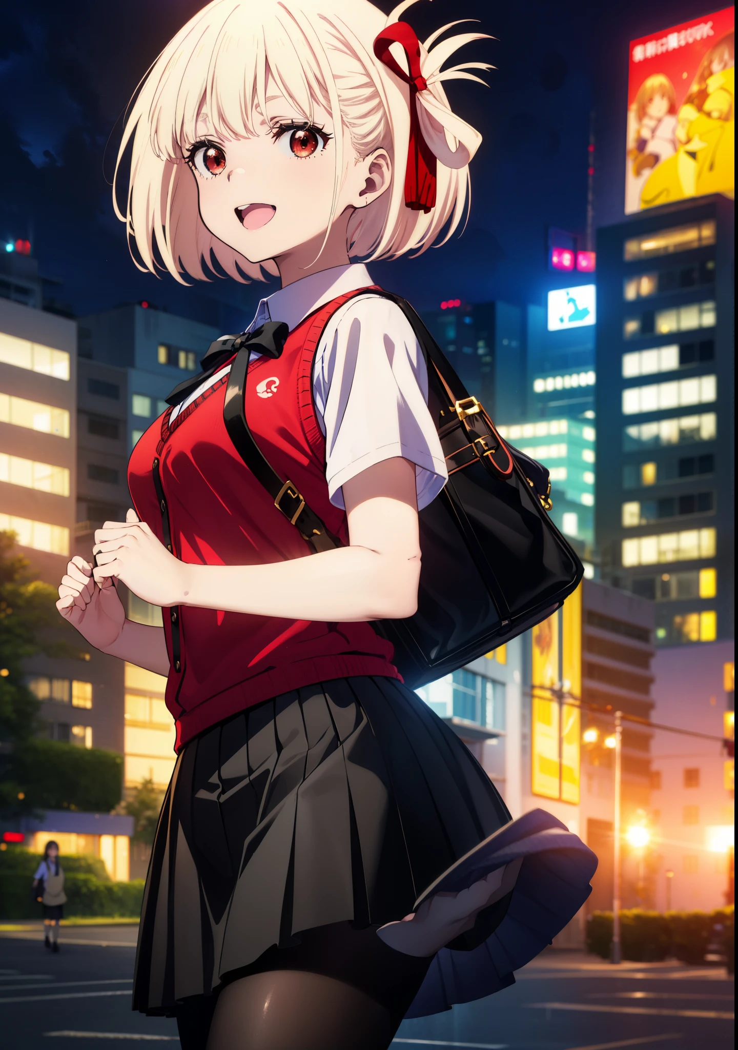 chisatonishikigi, Chisato Nishikigi, short hair, bangs, Blonde, (Red eyes:1.5), hair ribbon, One side up, Bobcut,happy smile, smile, Open your mouth,
white yシャツ, Short sleeve, Pleated skirt, socks, Collared shirt, mini skirt, Black pantyhose, (Black Skirt:1.5), Sweater vest, (red Sweater vest:1.5),Brown loafers,morning,morning陽,The sun is rising,Walking,whole bodyがイラストに入るように,
break outdoors, city,
break looking at viewer, whole body,
break (masterpiece:1.2), highest quality, High resolution, unity 8k wallpaper, (figure:0.8), (Beautiful fine details:1.6), Highly detailed face, Perfect lighting, Highly detailed CG, (Perfect hands, Perfect Anatomy),
