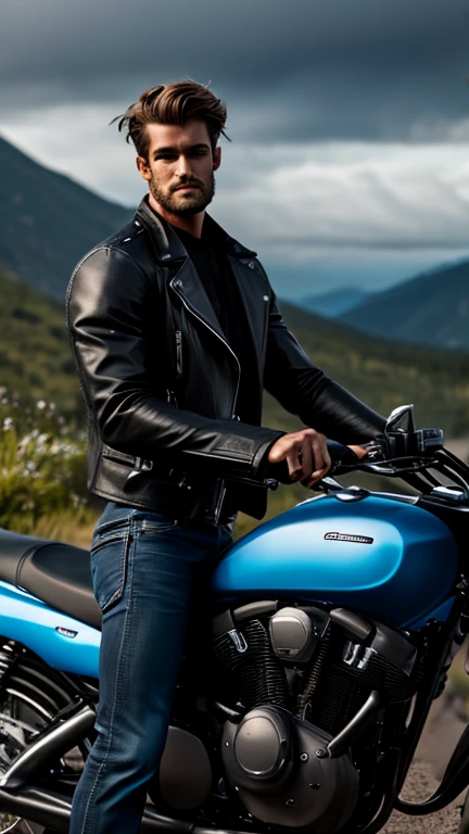 Motorcyclist handsome, tall, strong, defined muscles, dark complexion, long blond hair, posing beside his bike, shirtless, tight pants, blue leather jacket, on the road next to a mountain ,with light rain 