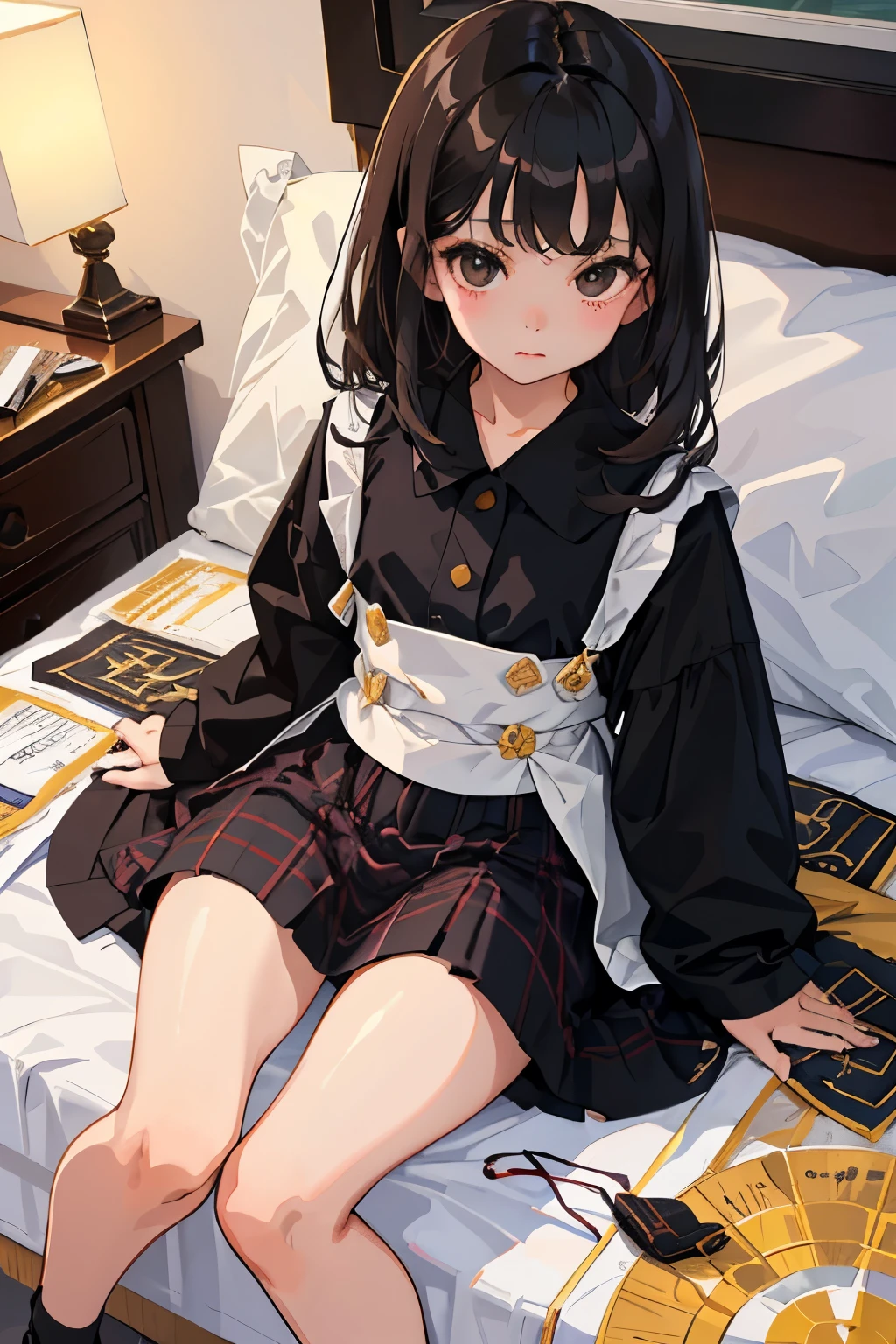 ()，highest quality，Beautiful face in every detail，cute，Dark brown eyes，(背の低いcute女の子，Smallg student，Yoicate girl）,（masterpiece，Top quality)，Black Hair，Sleepy expression，Plaid white skirt