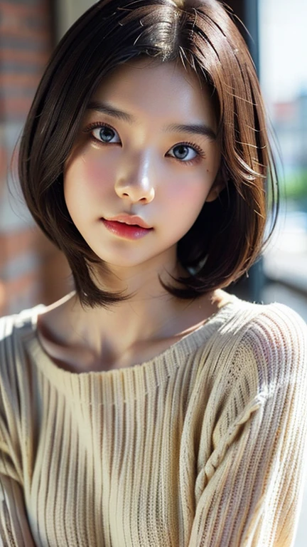 (masterpiece:1.5)、(Realistic:1.5)、(highest quality:1.4、8k、RAW Photos）、 Ultra-high resolution、Professional Lighting、Perfect dynamic composition、Film Grain、chromatic aberration、(Bokeh:1.1)、 Frank、Sophisticated、charm、超Realistic、Attention to detail、Golden Ratio、 (1 girl)、Slender girl、繊細でcharm女の子、Cute Woman:1.4、 Serious expression、Looking at the audience、Light brown hair、Shiny Hair、The hairstyle is a bob cut、 Realistic looking skin、 Shut your mouth.、Beautiful Eyes、double eyelid、Thin arms、White high neck ribbed sweater (((Blur the background F value 1.4)))
