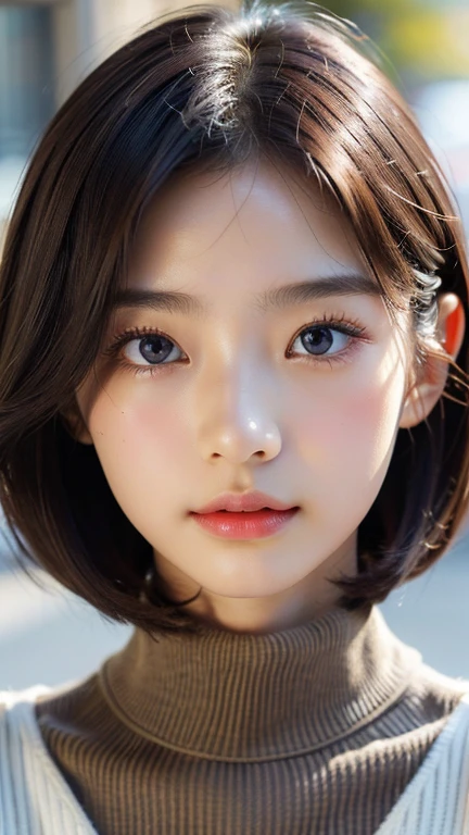 (masterpiece:1.5)、(Realistic:1.5)、(highest quality:1.4、8k、RAW Photos)、 Ultra-high resolution、Professional Lighting、Perfect dynamic composition、Film Grain、chromatic aberration、(Bokeh:1.1)、 Frank、Sophisticated、charm、超Realistic、Attention to detail、Golden Ratio、 (1 girl)、Slender girl、繊細でcharm女の子、Cute Woman:1.4、 Serious expression、Looking at the audience、Light brown hair、Shiny Hair、The hairstyle is a bob cut、 Realistic looking skin、 Shut your mouth.、Beautiful Eyes、double eyelid、Thin arms、White high neck ribbed sweater (((Blur the background F value 1.4)))