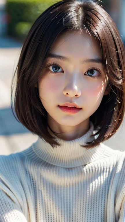 (masterpiece:1.5)、(Realistic:1.5)、(highest quality:1.4、8k、RAW Photos）、 Ultra-high resolution、Professional Lighting、Perfect dynamic composition、Film Grain、chromatic aberration、(Bokeh:1.1)、 Frank、Sophisticated、charm、超Realistic、Attention to detail、Golden Ratio、 (1 girl)、Slender girl、繊細でcharm女の子、Cute Woman:1.4、 Serious expression、Looking at the audience、Light brown hair、Shiny Hair、The hairstyle is a bob cut、 Realistic looking skin、 Shut your mouth.、Beautiful Eyes、double eyelid、Thin arms、White high neck ribbed sweater (((Blur the background F value 1.4)))
