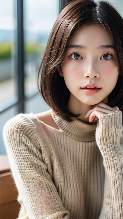 (masterpiece:1.5)、(Realistic:1.5)、(highest quality:1.4、8k、RAW Photos）、 Ultra-high resolution、Professional Lighting、Perfect dynamic composition、Film Grain、chromatic aberration、(Bokeh:1.1)、 Frank、Sophisticated、charm、超Realistic、Attention to detail、Golden Ratio、 (1 girl)、Slender girl、繊細でcharm女の子、Cute Woman:1.4、 Serious expression、Looking at the audience、Light brown hair、Shiny Hair、The hairstyle is a bob cut、 Realistic looking skin、 Shut your mouth.、Beautiful Eyes、double eyelid、Thin arms、White high neck ribbed sweater (((Blur the background F value 1.4)))
