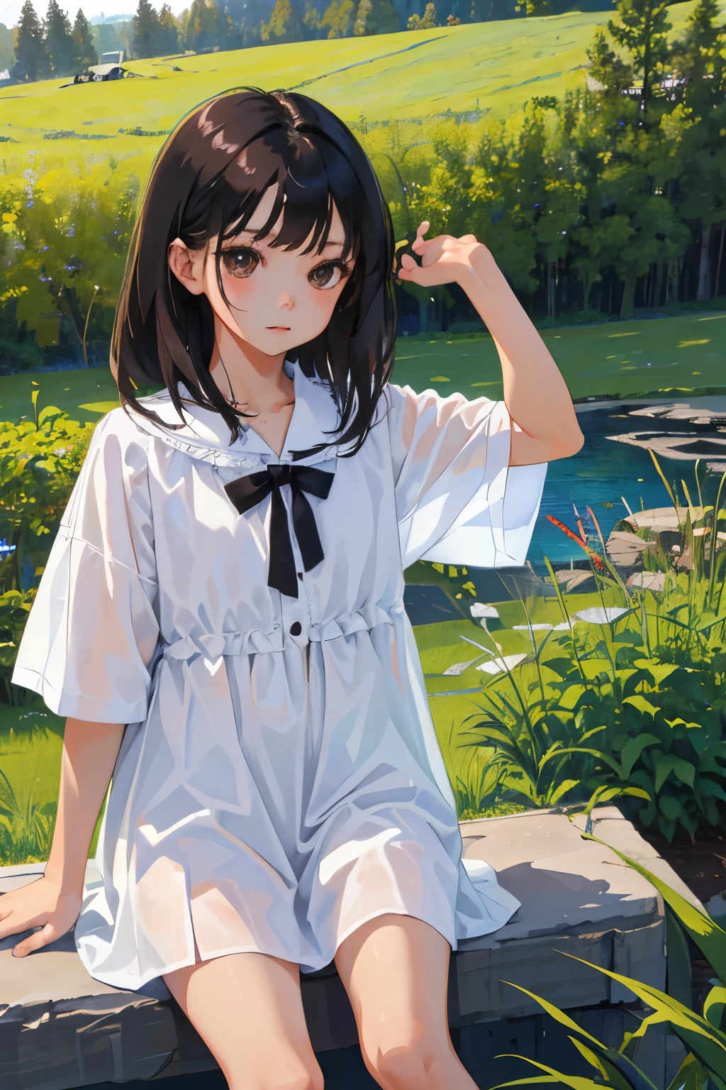 (child)，highest quality，Beautiful face in every detail，cute，Dark brown eyes，(背の低いcute女の子，Small young student，Young delicate girl）,（masterpiece，Top quality)，Black Hair，Sleepy expression，Short sleeve white shirt，Plaid white skirt