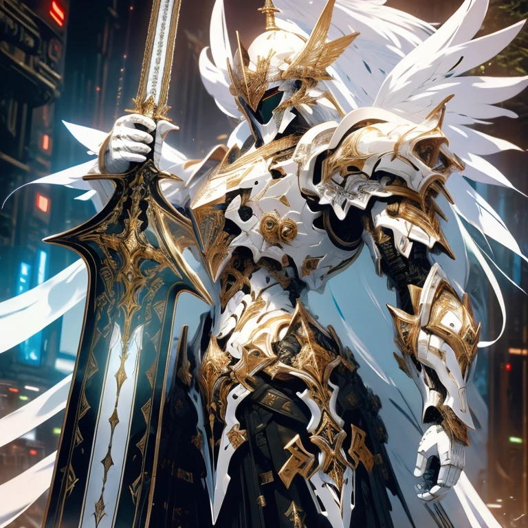 (masterpiece, best quality:1.2), a subject, A warrior in armour techno fantasy style, holy sword,(technological aggressive design), cyberpunk, 4K, UHD, (Photorealistic:1.4),Ultra high resolution, masterpiece, ultra realistic, ultra nitide, insane details, ((white and gold, angel themed))
