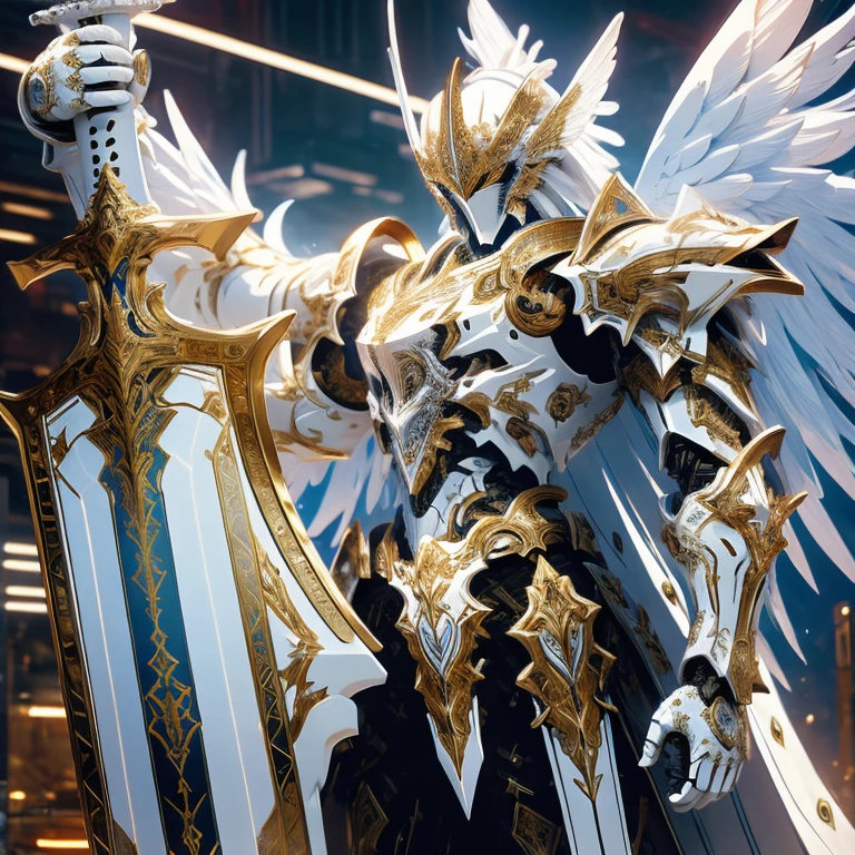 (masterpiece, best quality:1.2), a subject, A warrior in armour techno fantasy style, holy sword,(technological aggressive design), cyberpunk, 4K, UHD, (Photorealistic:1.4),Ultra high resolution, masterpiece, ultra realistic, ultra nitide, insane details, ((white and gold, angel themed))