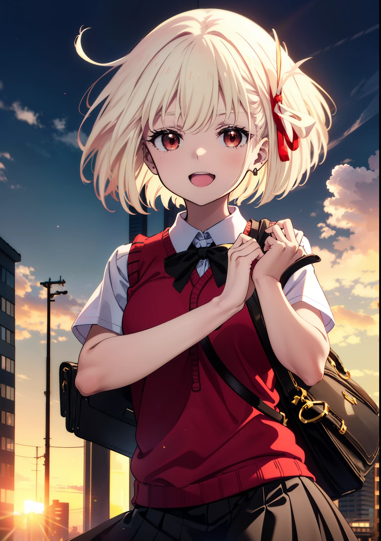 chisatonishikigi, Chisato Nishikigi, short hair, bangs, Blonde, (Red eyes:1.5), hair ribbon, One side up, Bobcut,happy smile, smile, Open your mouth,
white yシャツ, Short sleeve, Pleated skirt, socks, Collared shirt, mini skirt, Black pantyhose, (Black Skirt:1.5), Sweater vest, (red Sweater vest:1.5),Brown loafers,morning,morning陽,The sun is rising,Walking,whole bodyがイラストに入るように,上から下へ覗き込む
break outdoors, city,
break looking at viewer, whole body,
break (masterpiece:1.2), highest quality, High resolution, unity 8k wallpaper, (figure:0.8), (Beautiful fine details:1.6), Highly detailed face, Perfect lighting, Highly detailed CG, (Perfect hands, Perfect Anatomy),