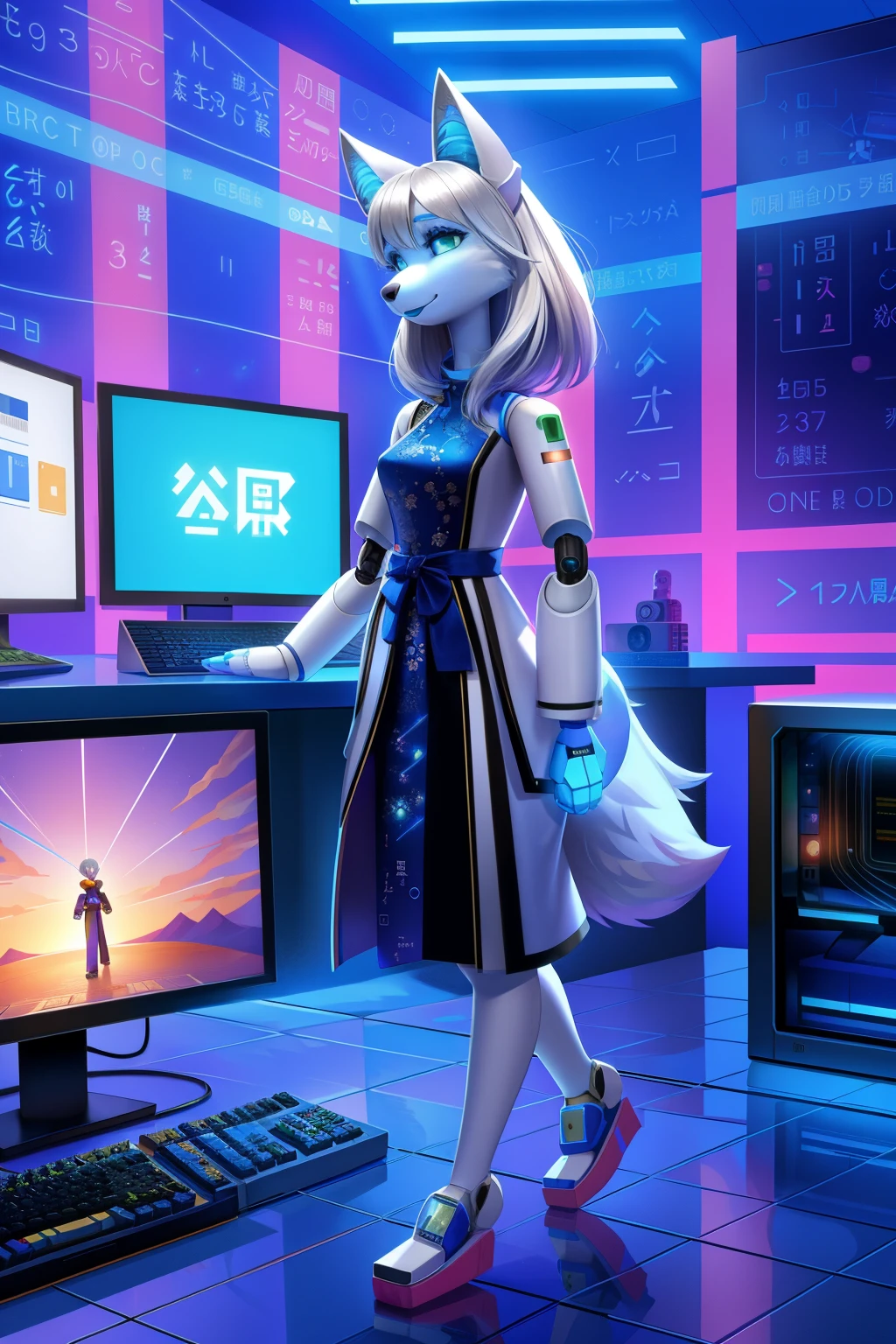 1 girl, solo, android, wolf anthro, empty eyes, Silver hair, blue lipstick, Japanese dress, 3d pixar, computer numbers background, robot walk