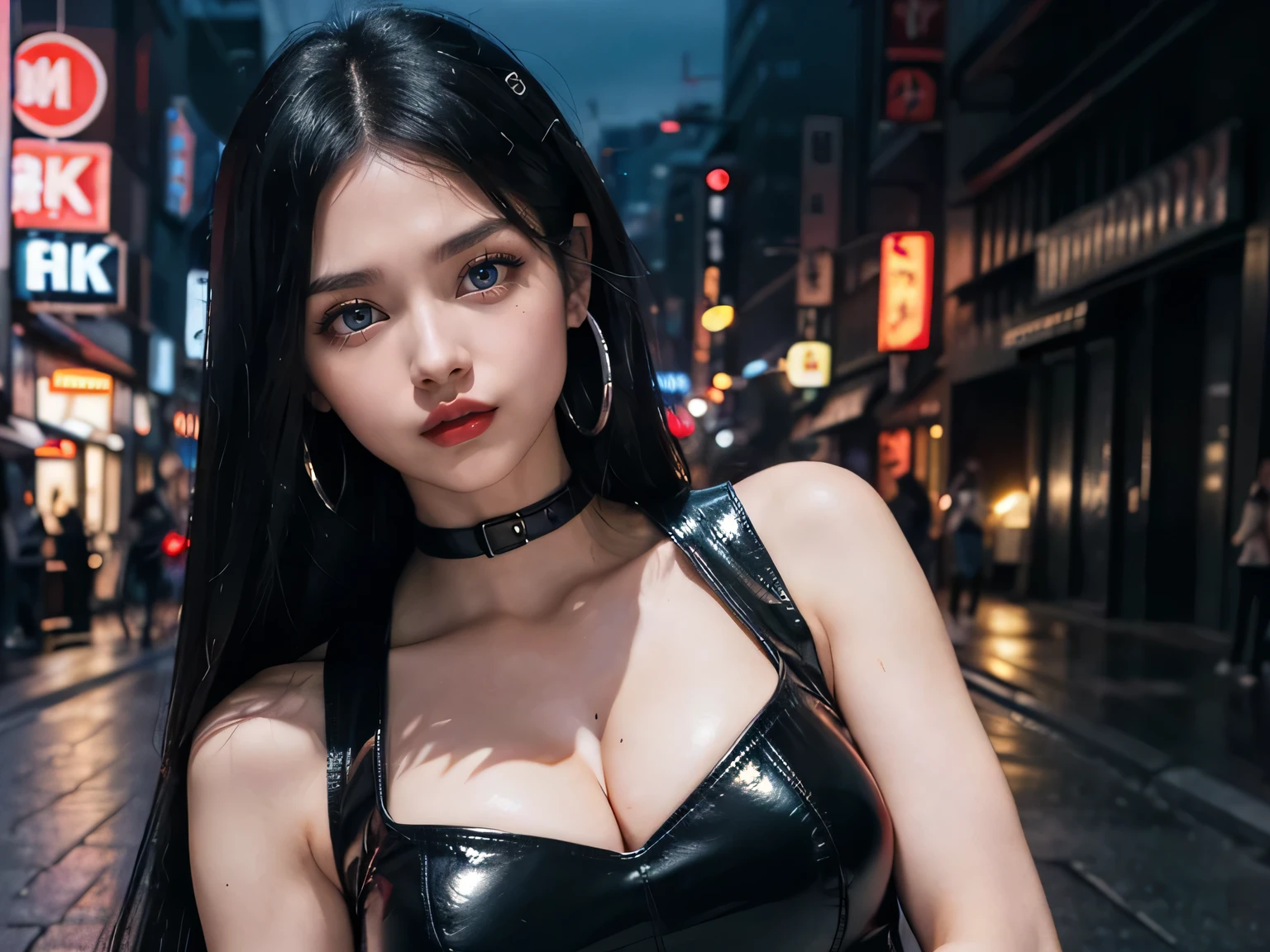 1girl, (Blue Eyes), (serious face :1.2), (Sana Minatozaki), (beautiful makeup :1.2), wide hips, Big tits, big ass, (thin waist: 1.2), (thick and toned thighs), (Best Quality, 8k, Masterpiece: 1.3), Clear Focus: 1.2, Perfect Body Beauty: 1.4, strong abs, Highly detailed face and skin texture, detailed eyes, double eyelids, red lips, (black long straight hair :1.3), (black leather mini dress :1.3), silver hoops, (close-up at face :1.3) in a street of tokyo at night, buildings illuminated by signs in the background