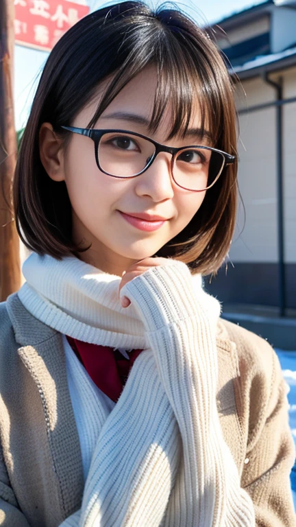 highest quality, masterpiece, Ultra-high resolution, (Realistic:1.4), RAW Photos, Very detailed, Perfect Anatomy,
In the winter schoolyard,
1 girl, 15 years old, Most popular Japanese idols, (Wearing Japanese high school winter clothes, Cute design muffler, cute design glasses), Face Focus, Portraiture, An innocent smile, Very cute face like the most famous Japanese idol, very beautiful big black firm eyes, Very beautiful short black hair, very beautiful Realistic white skin, very beautiful wet lips,
Details of Japanese high school winter uniforms, detailed Cute design muffler, detailed cute design glasses