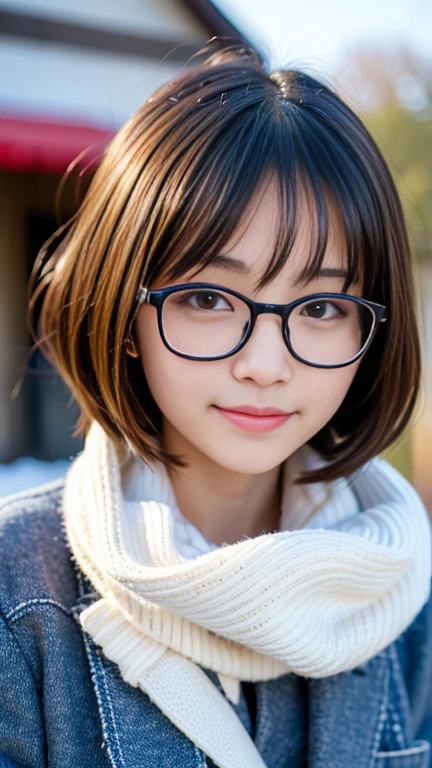 highest quality, masterpiece, Ultra-high resolution, (Realistic:1.4), RAW Photos, Very detailed, Perfect Anatomy, 

In the winter schoolyard, 

1 girl, 15 years old, Most popular Japanese idols, (Wearing Japanese high school winter clothes, Cute design muffler, cute design glasses), Face Focus, Portraiture, An innocent smile, Very cute face like the most famous Japanese idol, very beautiful big black firm eyes, Very beautiful short black hair, very beautiful Realistic white skin, very beautiful wet lips, 

Details of Japanese high school winter uniforms, detailed Cute design muffler, detailed cute design glasses