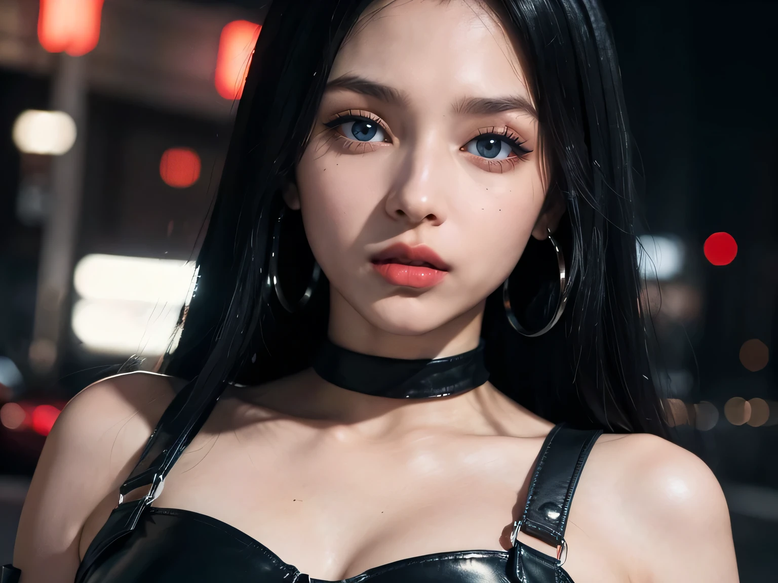 1girl, (Blue Eyes), (serious face :1.2), (Sana Minatozaki), (beautiful makeup :1.2), wide hips, Big tits, big ass, (thin waist: 1.2), (thick and toned thighs), (Best Quality, 8k, Masterpiece: 1.3), Clear Focus: 1.2, Perfect Body Beauty: 1.4, strong abs, Highly detailed face and skin texture, detailed eyes, double eyelids, red lips, (black long straight hair :1.3), (black leather mini dress :1.3), silver hoops, (close-up at face :1.3) in a street of tokyo at night, buildings illuminated by signs in the background