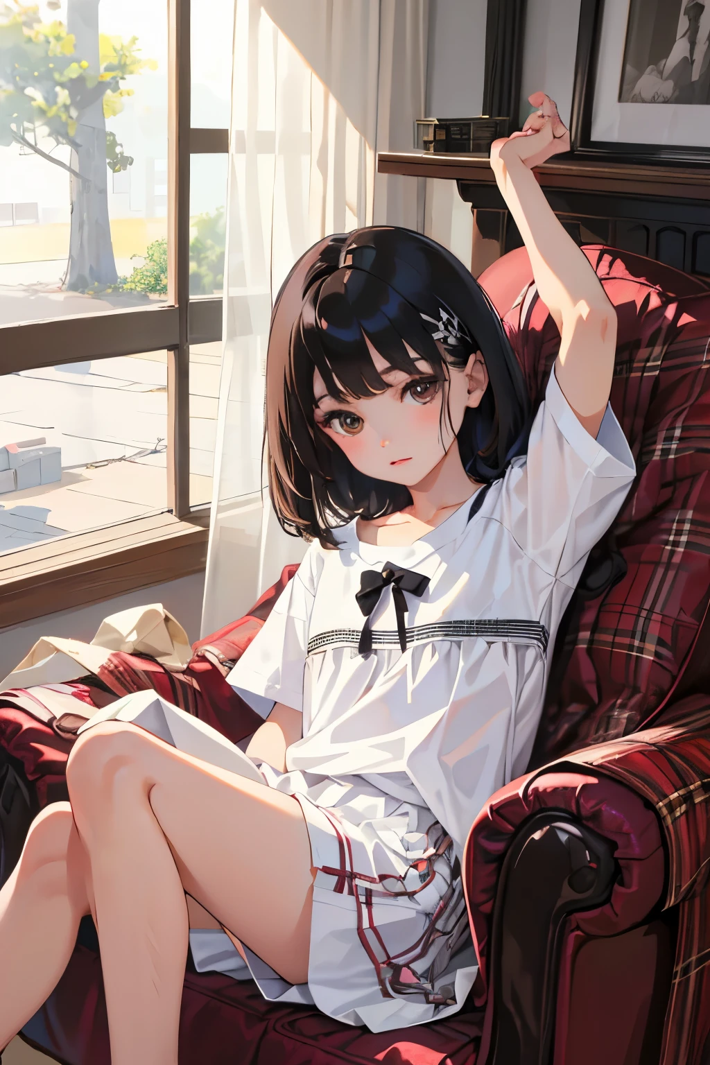 ()，highest quality，Beautiful face in every detail，cute，Dark brown eyes，(背の低いcute女の子，Smallg student，Yoicate girl）,（masterpiece，Top quality)，Black Hair，Sleepy expression，Short sleeve white shirt，Plaid white skirt