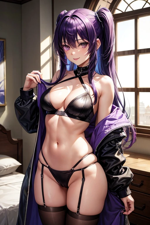 Draw Misha Fox, an anime-style female character.  straight purple hair reaching the middle of her back, thin purple eyebrows, purple eyes, smile.  small and firm breasts, thin waist, big and perky ass, athletic body.  wearing very sexy tight black clothes highlighting her cleavage, cocking a Desert Eagle pistol ready to go on a mission.  scene of a dark room with only moonlight coming through the window.  full of weapons scattered on the bed.