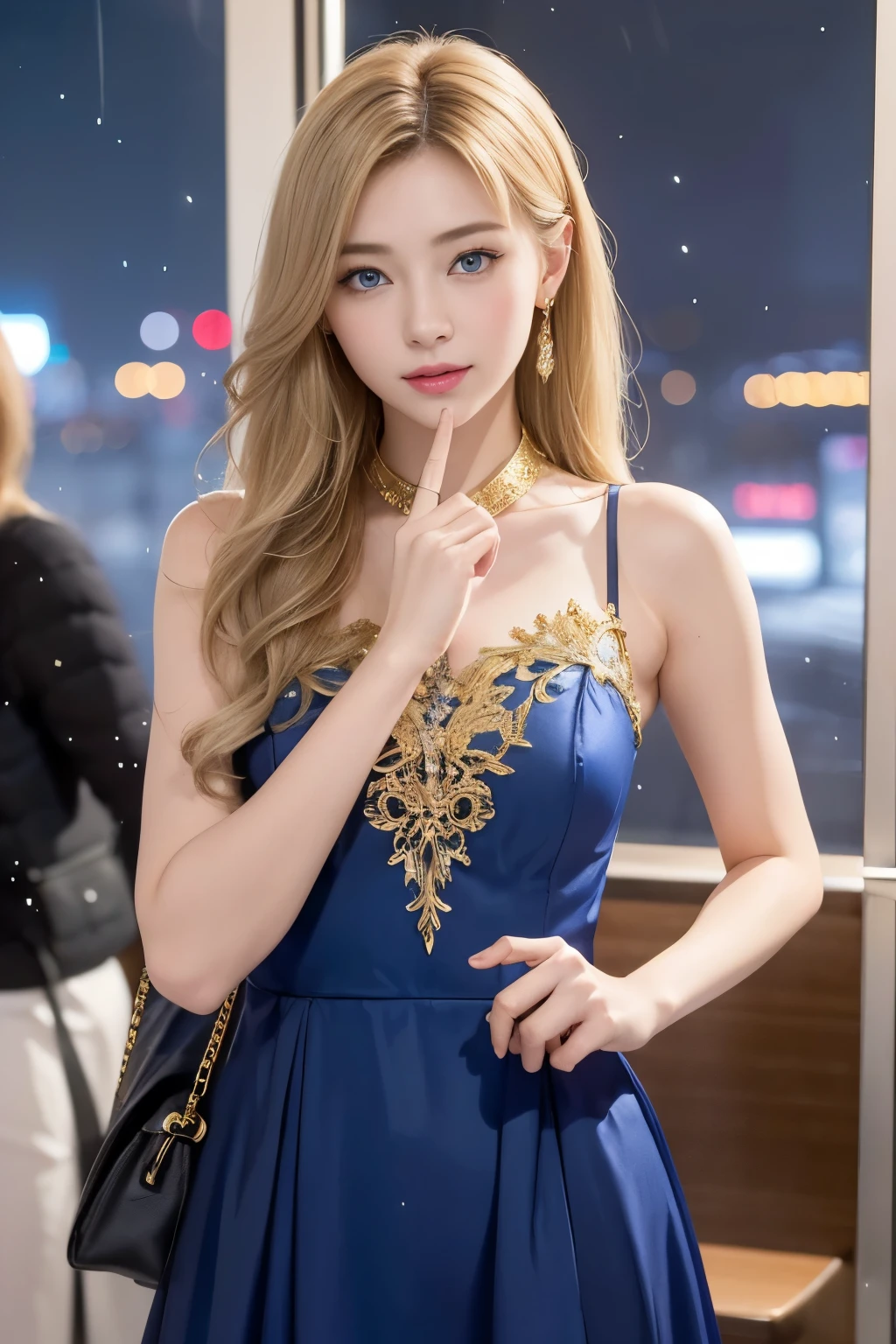 highest quality、High resolution、Very detailed、masterpiece、(Live Shooting:1.5)、Genuine:1.5、photoGenuineistic:1.5、Very delicate and beautiful、Fine details、1 female、(European:1.8)、Early 20s、(so beautiful)、(Super beautiful face)、(Golden middle hair)、(blue eyes)、Putting on makeup、(Standing in the airport departure lobby at night)、(The background is a night view of an airplane seen from the window and falling snow..)、(Upper Body Shot)