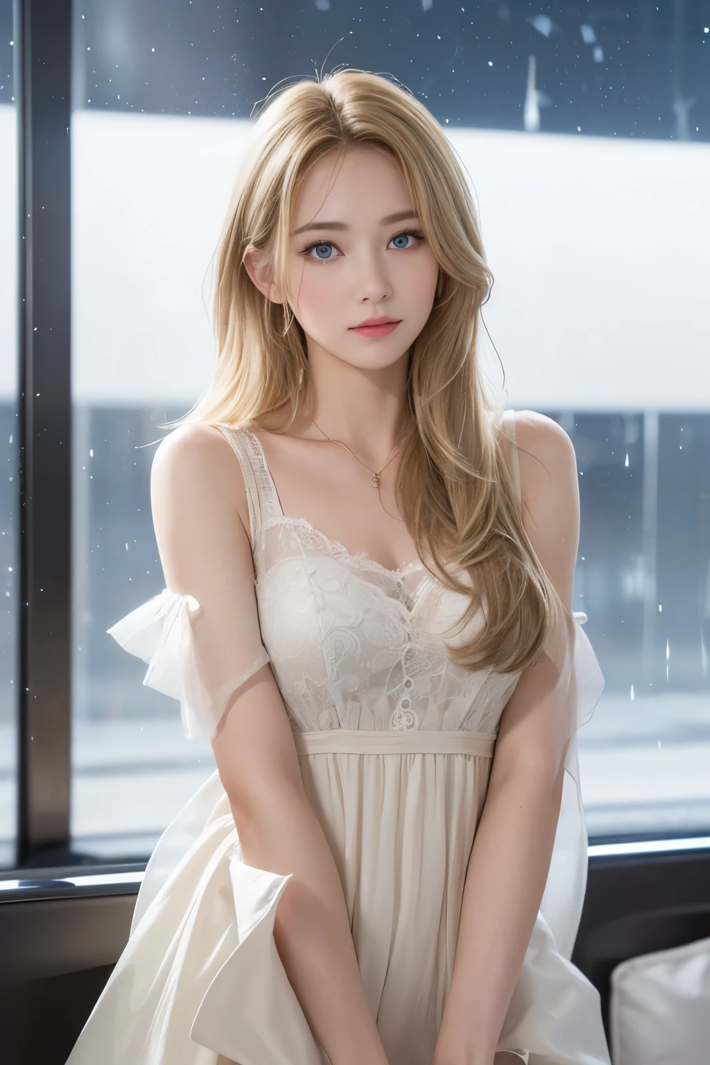highest quality、High resolution、Very detailed、masterpiece、(Live Shooting:1.5)、Genuine:1.5、photoGenuineistic:1.5、Very delicate and beautiful、Fine details、1 female、(European:1.8)、Early 20s、(so beautiful)、(Super beautiful face)、(Golden middle hair)、(blue eyes)、Putting on makeup、(Standing in the airport departure lobby at night)、(The background is a night view of an airplane seen from the window and falling snow..)、(Upper Body Shot)