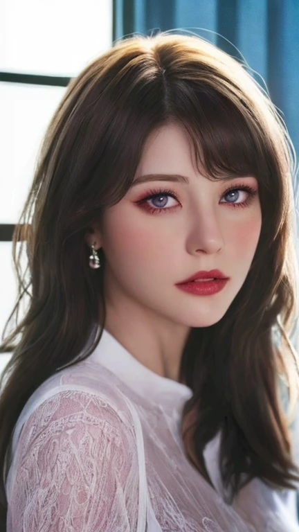 ((Top Quality、16K、​masterpiece:1.3))、a tall and beautiful woman、Perfect Figure:1.4、retro futuristic aesthetic, Gemma Arterton (charming) solo, pale-brown hair (short hairstyle), realistic hair, realistic eyes, pale-white skin (highlighted, realistic shading)、huge bust、Highly detailed facial and skin texture、(A detailed eye, Symmetry Eyes, Clear realistic eyes, Double eyelidd、Cold-stricken face、Symmetrical face), very  realistic skin, goth makeup, Royal sisters full of fans、The Telegraph Esbian、peach buttocks, white women's shirt, alternative skirt, black tights,  squart、(Raw foto:1.2)、((Photorealcitic:1.4))Top Quality、​masterpiece、Real Photography、very delicate and beautiful.、super detailed CG、Unity、8K photo wallpaper、delicate detail、best qualtiy、Highly detailed CG unity 16k wallpaper、absurderes、Incredibly Absurd、huge file size、extremely highly detailed、Hight Resolution、ighly Details、Beautiful detail girl、extremely beautiful eyes and face, cute eyes look、Facial light、cinematic lightings、(Proportional hips, thick thighs, beautiful legs, realistic pantyhose) 1girll、see -through, inside a futuristic bedroom, neon soft lights in the dark room environment (soft magenta, cyan and pale-yellow ambient lights) , dream atmosphere、ulzzang-6500、The Telegraph Esbian, different poses at different angles,