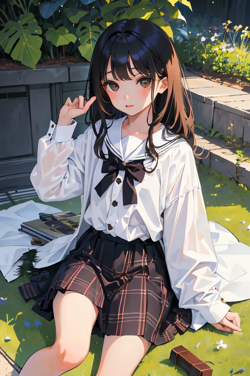 (child)，highest quality，Beautiful face in every detail，cute，Dark brown eyes，(背の低いcute女の子，Small young student，Young delicate girl）,（masterpiece，Top quality)，Black Hair，Sleepy expression，Plaid white skirt