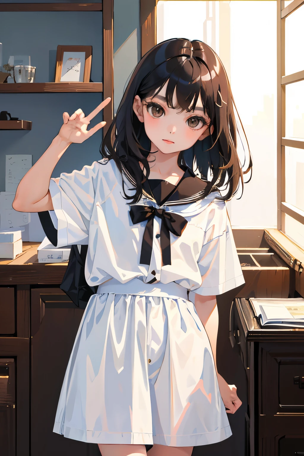 (child)，highest quality，Beautiful face in every detail，cute，Dark brown eyes，(背の低いcute女の子，Small young student，Young delicate girl）,（masterpiece，Top quality)，Black Hair，Sleepy expression，Short sleeve white shirt，Plaid white skirt