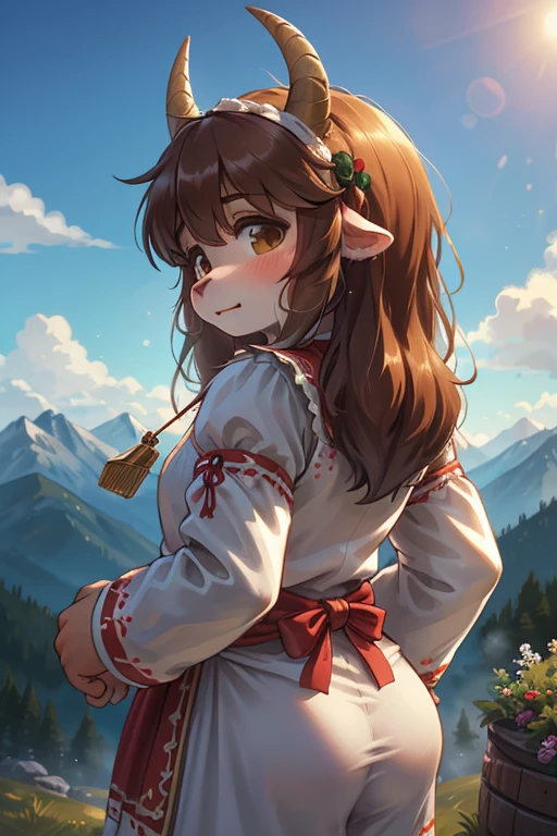 rear Bokeh , hairy goat girl , realistic hairy fur , round face , moist eyes , Swollen cheeks , glossy lips , Swiss traditional costume , Why can I hear the whistle so far away, Why are those clouds waiting for me,Tell me, Grandpa, in the Mountains in Alm